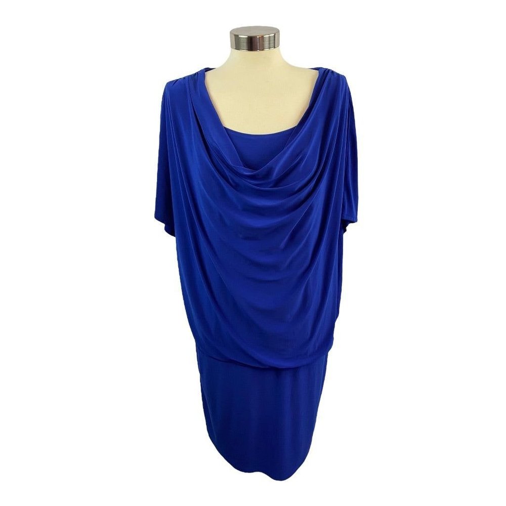 16 Dressbarn Women's Blue Drape Front Pullover Dress Short Sleeve Stretch Fabric